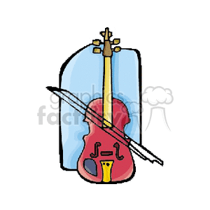 Illustration of a violin with a bow in front of a music stand.