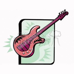 Illustration of an electric guitar with stylized design in a rectangular frame.