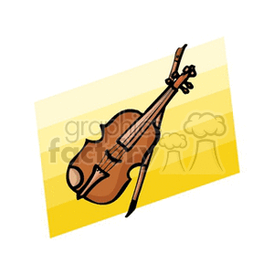 Clipart image of a cello and a bow against a yellow gradient background.