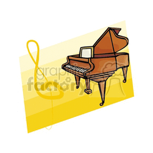 Clipart image of a grand piano next to a large treble clef on a yellow background.