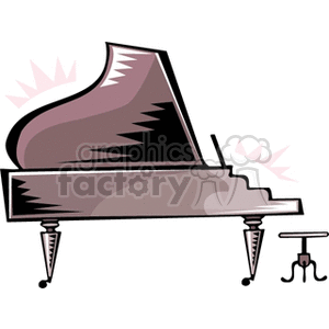 A stylized clipart image of a grand piano with an ornate bench, featuring abstract design elements.