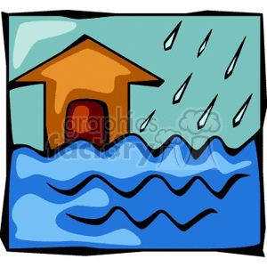 A stylized clipart image depicting a house surrounded by rising floodwaters during heavy rain.