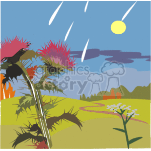 Nature Scene with Rain, Sun, and Flowers