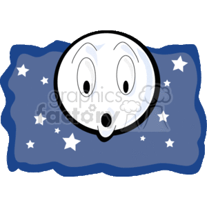   This clipart image features a stylized depiction of a surprised or shocked moon with a face against a dark night sky scattered with stars. The moon