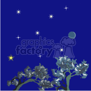   The clipart image depicts a night scene with a blue sky, various white stars scattered across it, and a simplified rendition of the moon. In the foreground, there