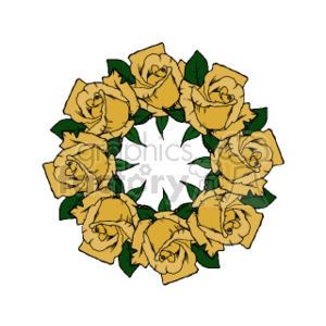 The clipart image shows a circular wreath composed of yellow roses with green leaves.