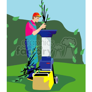 Gardener Using Wood Chipper for Mulching