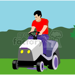 A man in a red shirt riding a lawnmower cutting grass in a garden.