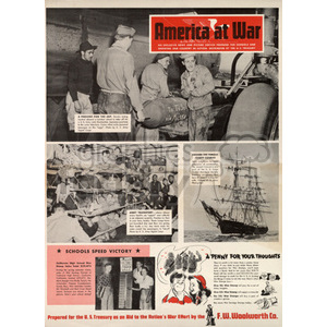 A vintage World War II-themed clipart showing soldiers preparing packages, a historic ship, students collecting donations, and promotional text for war support by F.W. Woolworth Co.