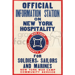 Vintage poster with bold text promoting the New York War Camp Community Service as an official information station for soldiers, sailors, and marines about New York hospitality.