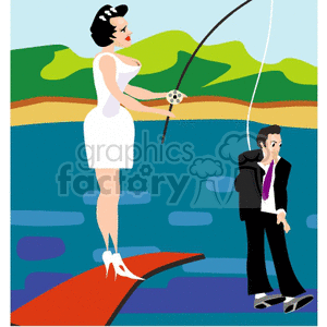 Download Woman with a fishing pole catching a man clipart ...