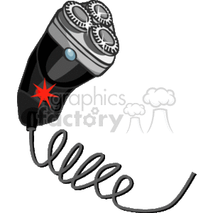 This clipart image shows an electric shaver with a triple-head design and a coiled power cord. There is a blue power button in the center and a red star-like design on one of the rotary heads.