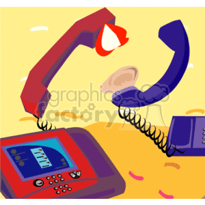 This clipart image features two cartoon-style landline telephones with their receivers off the hooks, positioned as if they are facing each other, suggesting a conversation or communication between them. One telephone is red and the other is purple, and they are both connected by curly phone cords. The image has a warm yellow background.