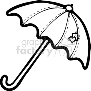 The image is a black and white clipart illustration of a country-style umbrella. It features a classic design with a curved handle and what appears to be a patch or a decoration in the shape of a leaf or heart on the fabric of the umbrella.