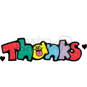   The clipart image features the word Thanks in a playful and colorful country-style font. Each letter is uniquely decorated with patterns such as polka dots and hearts, and there are small hearts floating around the word. The letter 