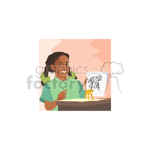 The clipart image shows a happy African American girl engaged in a crafting activity. She is sitting at a table with a handcrafted giraffe figure in front of her, which seems to be made out of something like clay or playdough. Beside the giraffe figure is a piece of paper displaying a drawn giraffe, indicating that the crafted figure is a 3D representation of the giraffe drawing.