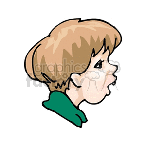 The head of a little boy in a green shirt with his mouth open