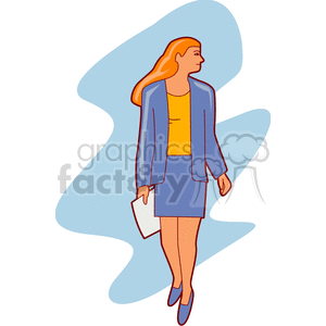 Illustration of a businesswoman in a blue suit holding a file, walking confidently.