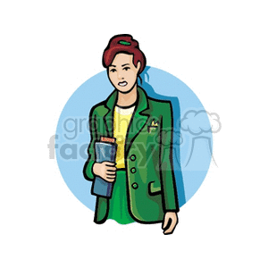 Clipart of a woman in a green business suit holding a document.