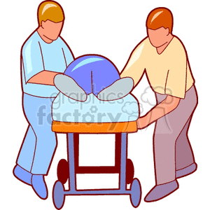 Clipart image of two people pushing a patient on a hospital stretcher.