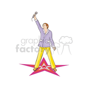 Illustration of a musician or singer holding a microphone, standing on a colorful star.