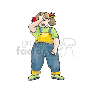 Little girl in blue and yellow bib overalls with her hand on her head
