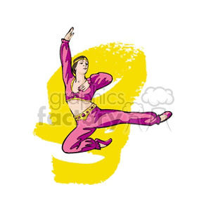 Clipart of a woman in a mid-air dance pose wearing colorful attire against a yellow background.