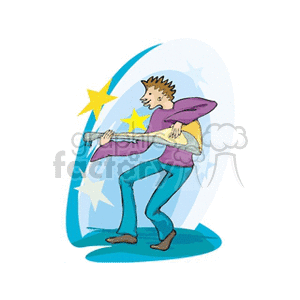 A stylized clipart image of a man playing an electric guitar with a dynamic pose, surrounded by stars.