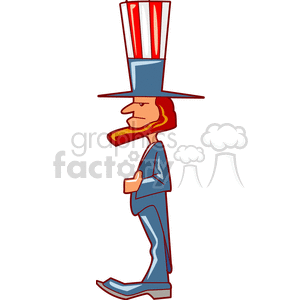 A cartoon character in profile with a long beard, Abraham Lincoln, wearing a red and white striped tall hat and a blue suit.