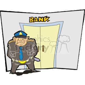   The clipart image features a cartoon depiction of a policeman standing in front of the entrance to a bank. The bank entrance is framed by an irregular border that gives the image a dynamic, almost three-dimensional effect. The word BANK is prominently displayed in a burst-style caption above the door, emphasizing the location. The policeman has a stern expression and is depicted with exaggerated features, such as large ears and a broad chin. He