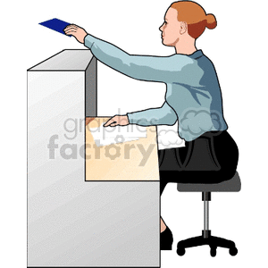 A clipart image of a woman sitting at a desk, reaching over to pick up something while working in an office setting.