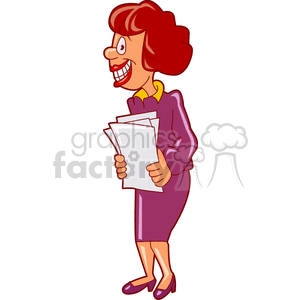 A cartoon woman in business attire holding a stack of papers, smiling.