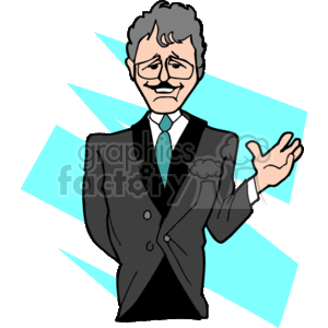 The clipart image depicts a cartoon-style illustration of a man who could be interpreted as a host, broadcaster, or reporter. He is wearing a professional suit with a tie and is gesturing with one hand, suggesting that he is speaking or presenting. The figure has grey hair and a moustache. The background features abstract shapes in shades of blue, giving a dynamic feel to the image, suggesting energy or broadcasting.