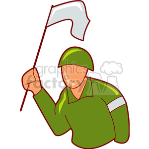 Clipart image of a soldier in green uniform holding a white surrender flag.