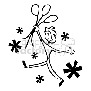   The clipart image features a stylized person holding balloons. The person appears to be in a joyful pose with one arm extended upwards, holding balloons, and the other arm out to the side. The figure seems to be dancing or celebrating, which is reinforced by the presence of decorative shapes around that mimic confetti or party decorations. 