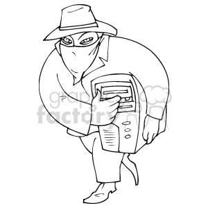 The clipart image portrays a person characterized as a stereotypical thief or hacker. This figure is wearing a wide-brimmed hat, a mask covering the eyes, and gloves, conveying a clandestine appearance. They are holding what appears to be a computer or some form of electronic device, which they may be using for hacking or stealing information. The image captures a sense of stealth and criminal activity commonly associated with cyber theft or hacking.