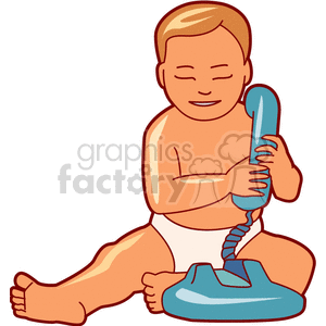 A Baby In a Diaper Sitting Playing with a Blue Telephone