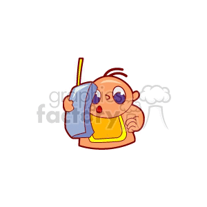 A Small Baby Wearing an Orange Bib Playing on a Phone