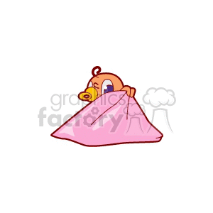 Clipart image of a baby peeking over a pink blanket, with a pacifier in its mouth.