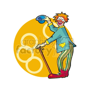 A Happy Clown with Blue Striped Pants Holding his Blue Hat and a Cane