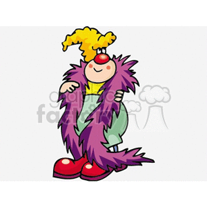 A colorful circus clown wearing a yellow hat, red nose, and purple fur boa.