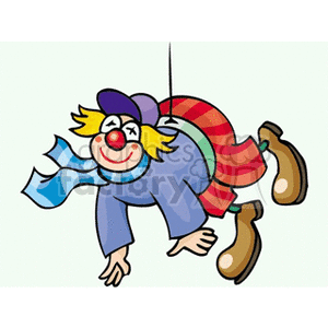 A colorful circus clown with yellow hair, a red nose, and oversized shoes is playfully hanging from a wire.