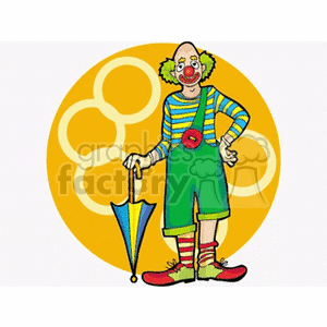 A colorful circus clown holding a striped umbrella, standing in front of a yellow circle background.