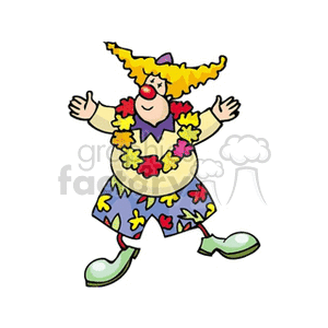 A cheerful clown wearing a colorful Hawaiian lei and floral shorts, spreading joy with a big smile.