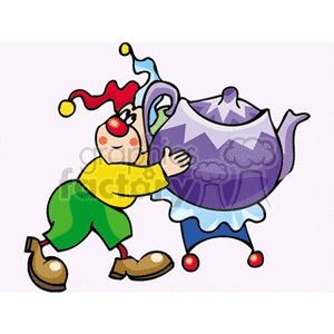 A cartoon circus clown in colorful attire playfully holding a large purple teapot.