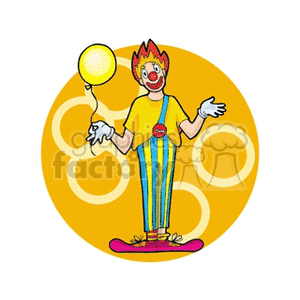 A cheerful circus clown with colorful attire holding a yellow balloon against a bright circular background.