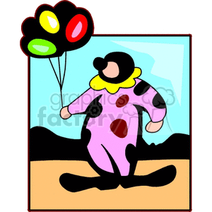 A cartoon illustration of a clown holding colorful balloons, wearing a polka dot costume with a bright yellow collar.