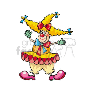 A colorful circus clown with a cheerful expression, exaggerated shoes, and a vibrant outfit, featuring bows and a large red nose.