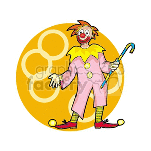 A colorful circus clown holding a cane, dressed in a pink outfit with yellow accents, standing against a circular patterned background.