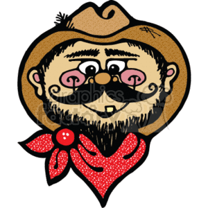 The clipart image depicts a stylized character with a country or Western theme. The character appears to be a male with a happy expression, donning a cowboy hat, a large handlebar mustache, and a red bandana with polka dots. The design is reminiscent of classic Western cowboys and could be associated with a bandit or claim jumper due to the theme, although the character itself looks cheerful rather than menacing.